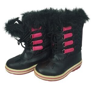 Rugged Outback Kids Faux Fur Snow Boots Black Pink Winter Lace Up Size 2